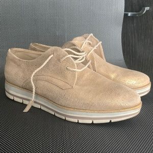 Real Leather Gold Oxford Loafers with Sparkles laces, Platform loafers